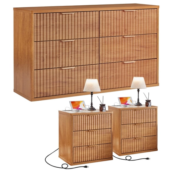 Leyaoyao Fluted Bedroom Furniture Sets of 3, 48" Wide Dresser & Nightstand Set of 2 with Charging Station, Farmhouse Bedroom Set, Brown
