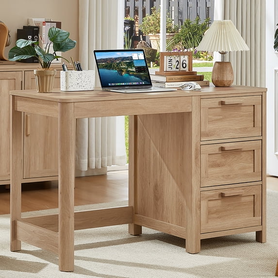 Leyaoyao Home Office Desk 48" Modern Computer Desk Small PC Table with Storage Cabinet, Compact Study Writing Desk for Bedroom, Natural Oak
