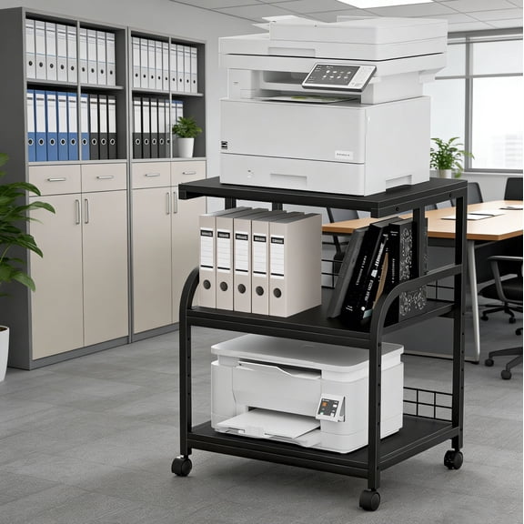 Leyaoyao Large Printer Stand with Storage Drawer,3-Tier Rolling Cart with Industrial Wheels for Desk, Mobile Printer Table for Office, Black