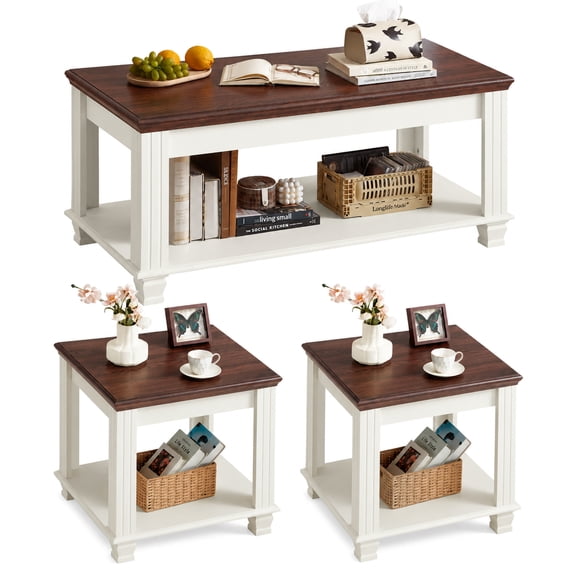 Leyaoyao Living Room Table Set of 3, Rustic Coffee Table & 2 Side Tables with Wooden Legs, Coffee and End Table Sets for Living Room, White