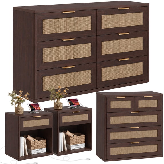 Leyaoyao Rattan Dresser and Nightstand Sets 4 Piece, 6-Drawer Dresser, 5-Drawer Chest & 1-Drawer Nightstand Set of 2 with Charging Station, Walnut
