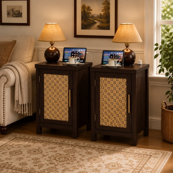Leyaoyao Rattan Night Stand Set of 2 with Charging Station, Boho Nightstand with Woven Cane Door, Farmhouse End Table for Living Room, Walnut