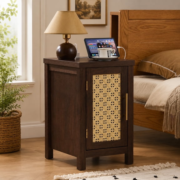 Leyaoyao Rattan Night Stand with Charging Station, Boho Nightstand with Woven Cane Door, Farmhouse End Table for Living Room, Bedroom, Walnut