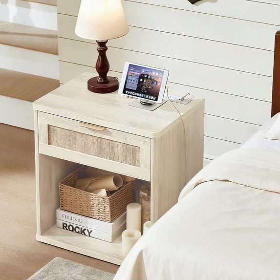 Leyaoyao Rattan Nightstand with Charging Station Boho Adult Bedside Table with Drawers, Grey White