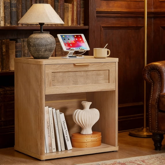Leyaoyao Rattan Nightstand with Charging Station Boho Adult Bedside Table with Drawers, Natural Oak