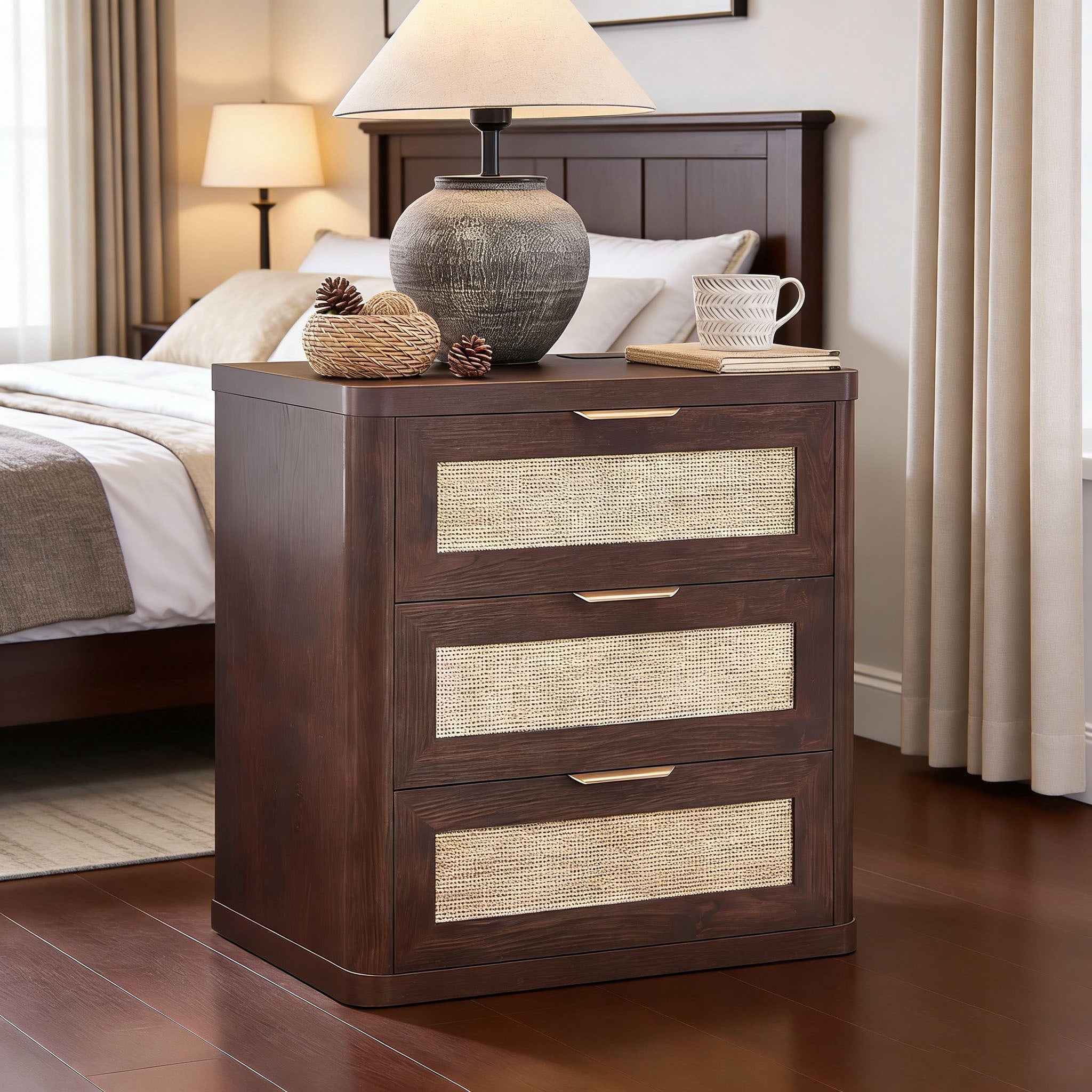 Leyaoyao Rattan Nightstand with Charging Station and 3 Drawers for Bedroom, Living Room, Walnut
