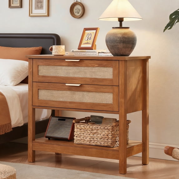 Leyaoyao Rattan Nightstands with 2 Drawers & Shelf, Large Boho Bedside Table for Small Spaces, Bedroom Living Room Hallway, Tea Brown