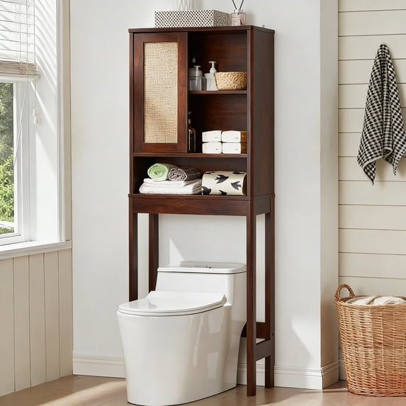 Leyaoyao Rattan Toilet Storage Cabinet, Over The Rack Wood Cabinet with Slide Door Stand, Bathroom Small Cupboard, Walnut