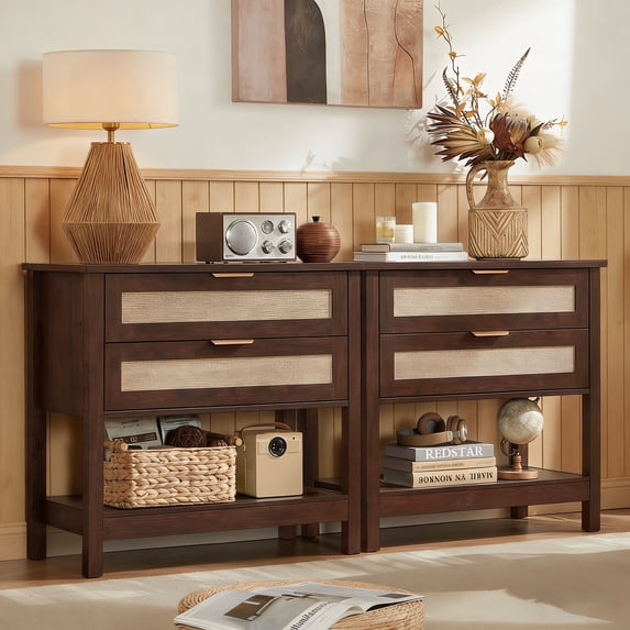 Leyaoyao Set of 2 Boho Nightstands, 31.5"W Rattan Bedside Tables with 2 Drawers, Large End Table for Narrow Spaces, Bedroom Living Room Hallway, Walnut