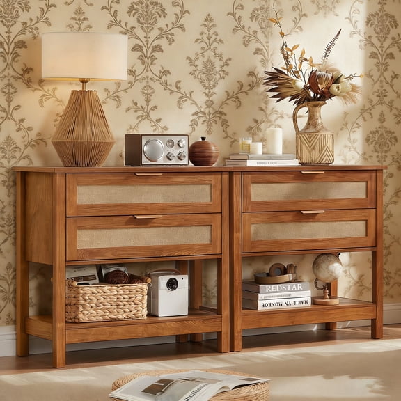 Leyaoyao Set of 2 Rattan Nightstands with 2 Drawers & Shelf, Large Boho Bedside Table for Small Spaces, Bedroom Living Room Hallway, Tea Brown