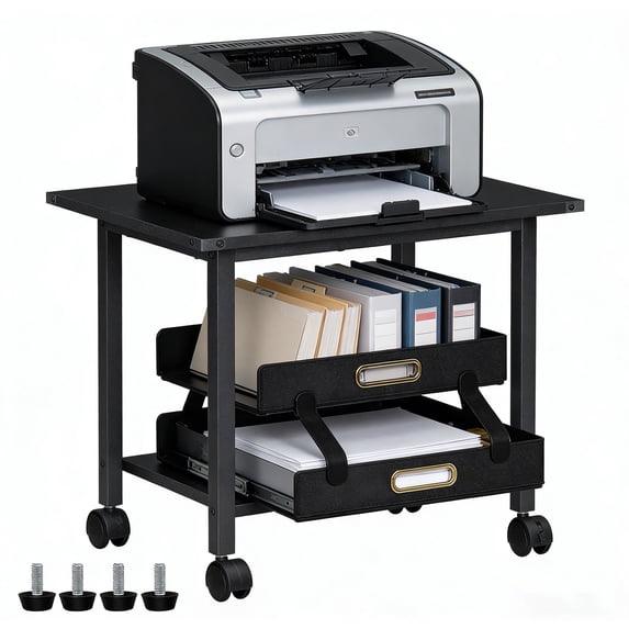 Leyaoyao Under Desk Printer Stand 2-Tier Mobile Printer Table w/ Storage Shelf Lockable Wheels for Home, Office, Black