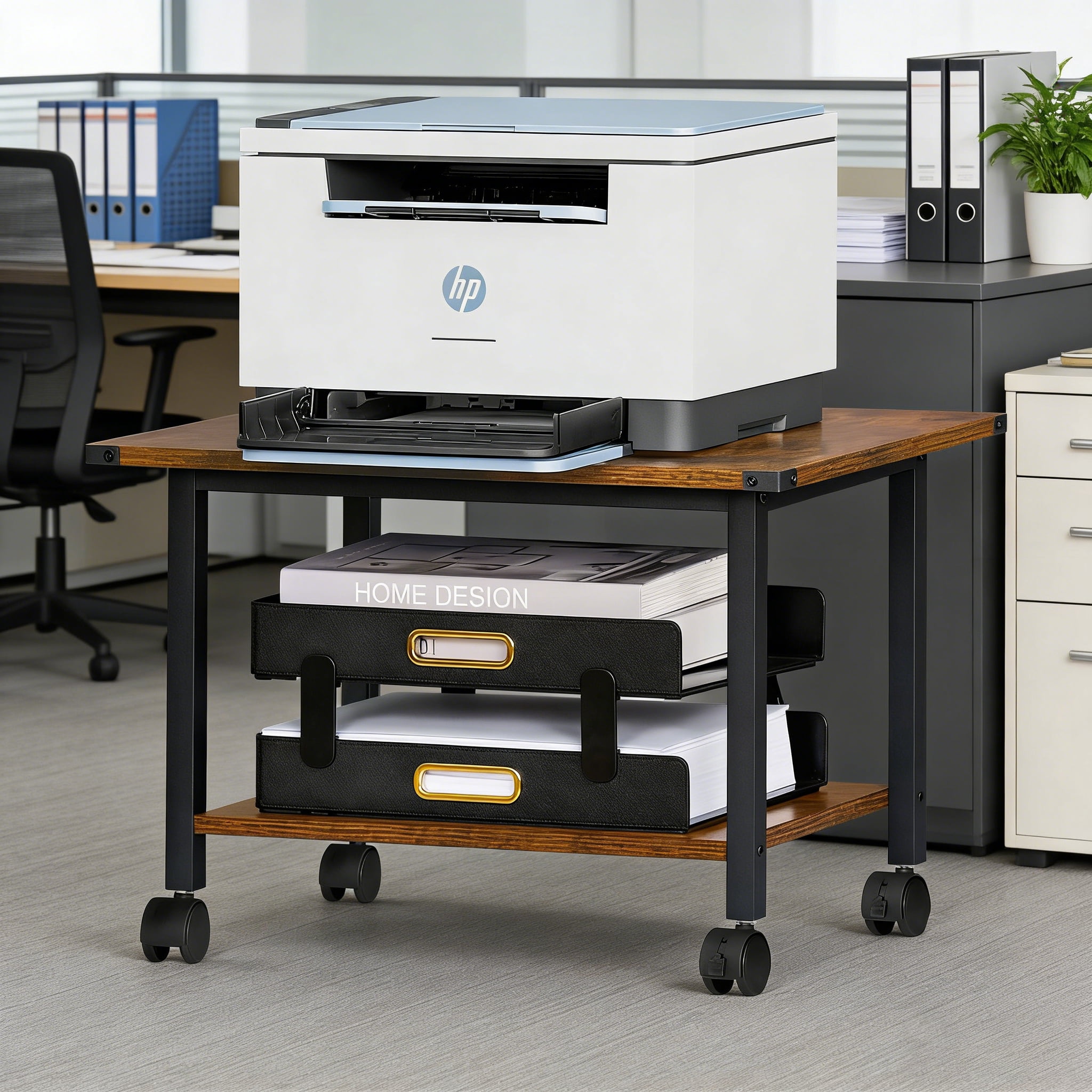 Leyaoyao, Under Desk Printer Stand, 2-Tier Mobile Printer Table, Brown ...