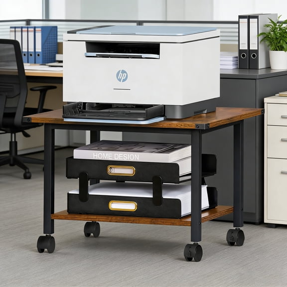 Leyaoyao Under Desk Printer Stand 2-Tier Mobile Printer Table w/ Storage Shelf Lockable Wheels for Home, Office, Brown