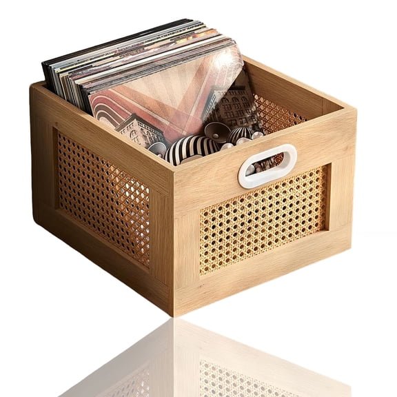 Leyaoyao Vinyl Record Storage, Record Box Case Crate, Vinyl Record Album Holder, Desktop Rattan LP Record Crate, Holds up to 75 Records, Natural Oak