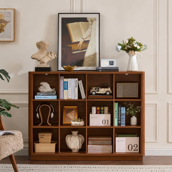 Leyaoyao Wooden Bookcase, 3-Tier 12 Cubes Storage Cabinet, Modern Floor Standing Storage Shelf Organizer for Living Room, Office, Brown