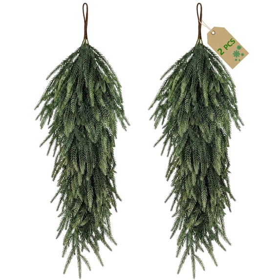 Leyaron Christmas Swags Decorations, 2 Pcs 30" Christmas Artificial Norfolk Pine Greenery Teardrop Wreath for Indoor Outdoor Table Mantle Fireplace Xmas Decor