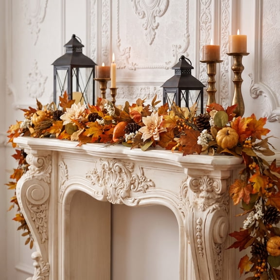Leyaron Fall Garlands Decorations, 6 Ft Autumn Maple Leaves Garlands with Pumpkins Fall Decorations for Home Thanksgiving Outdoor Indoor Party Table Porch Fireplace Autumn Decor