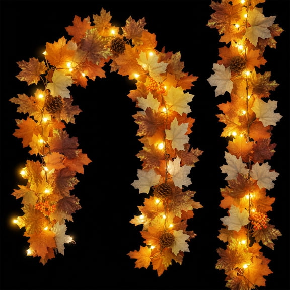 Leyaron Fall Garlands Decorations, 2 Pack 12 Ft  Autumn Maple Leaves Garlands with Lights Fall Decorations for Home Thanksgiving Party Outdoor Indoor Table  Autumn Decor, Brown