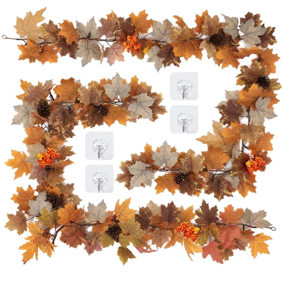Leyaron Fall Garlands Decorations, 2 Pack 12 Ft  Autumn Maple Leaves Garlands with Lights Fall Decorations for Home Thanksgiving Party Outdoor Indoor Table  Autumn Decor, Brown