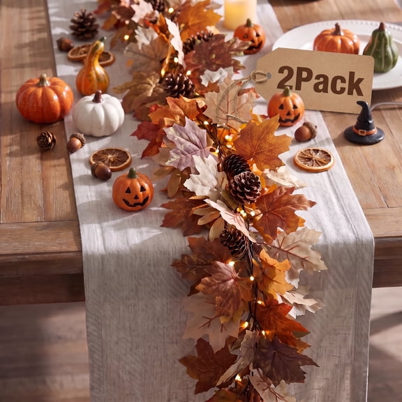 Leyaron Fall Garlands Decorations, 2 Pack 12 Ft Autumn Maple Leaves Garlands with Lights Fall Decorations for Home Thanksgiving Party Outdoor Indoor Table Autumn Halloween Decor, Brown