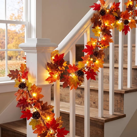 Leyaron Fall Garland with Lights, 9 Ft Autumn Maple Leaves Garlands Fall Decorations for Home Thanksgiving Indoor Party Table Porch Fireplace Decor