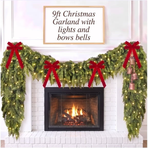 Leyaron Christmas Garland Decorations, 9 FT Artificial Norfolk Pine Christmas Greenery Garlands with Lights for Indoor Outdoor Fireplace Mantle Table Door Stairs Home Xmas Decor