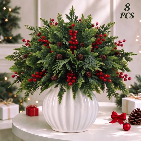 Leyaron Christmas Greenery Decorations, 8 Pcs 16" Artificial Norfolk Pine Branches with Pinecones Red Berries Stems for Indoor Outdoor Vases Table DIY Craft Home Xmas Decor