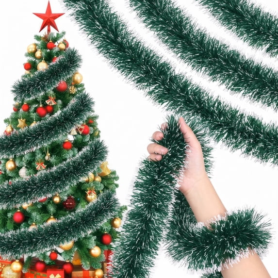 Leyaron Christmas Garland Decorations, 2 Pcs 50 FT Glitter Tinsel Garland for Indoor Outdoor Christmas Tree Fireplace Porch Home Xmas Decor, Green