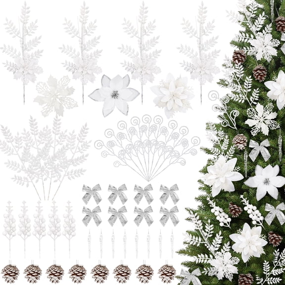 Leyaron Christmas Tree Ornaments, 90 Pcs Christmas Artificial Poinsettias Glitter Berries Stems Pine Cones Decorations for Xmas Trees Holiday Decor, White