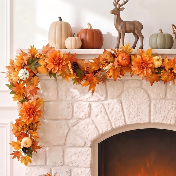 Leyaron Fall Garland with Lights, 6 FT Autumn Maple Leaves Garland Fall Decorations for Home Party Mantle Fireplace Porch Table Thanksgiving Halloween Decor