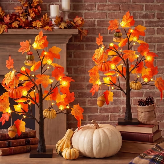 Leyaron Fall Decorations for Home, 2 Pack 24" 48 LED Artificial Fall Lighted Maple Tree with Pumpkins for Indoor Outdoor Party Thanksgiving Autumn Table Decor