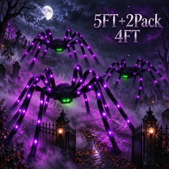 Leyaron Halloween Spider Decorations Outdoor, 5FT and 2 Pack 4FT Lighted Giant Spider for Yard Lawn Garden Patio Scary Halloween Outside Decor, Indoor Haunted House Prop and Home Party