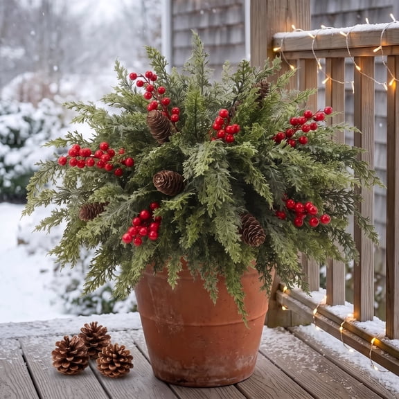 Leyaron Real Touch Christmas Norfolk Pine Branches with Pinecones Red Berries, 8 Pcs 16" Artificial Christmas Greenery Decor Faux Cedar Stems Picks for Vase Indoor Outdoor Xmas Home Table Decor