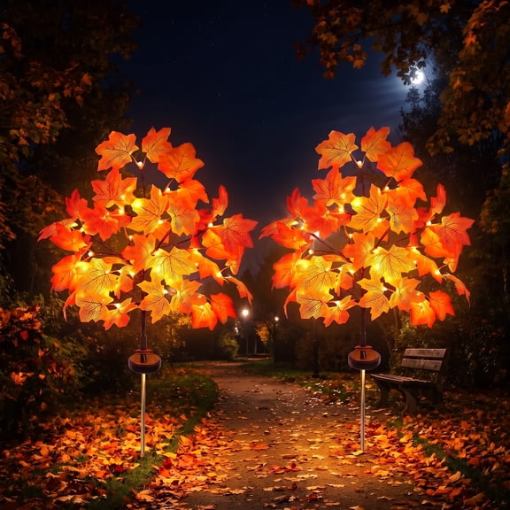 Leyaron Fall Solar Lights Outdoor, 2 Pack 40LED Autumn Solar Lighted Maple Trees Fall Decorations for Outdoor Garden Yard Pathway Autumn Thankgiving Home Decor