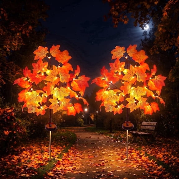 Leyaron Fall Decorations for Home, 2 Pack Fall Solar Lights Outdoor Autumn Maple Trees Stake Lights for Outside Pathway Garden Yard Decor