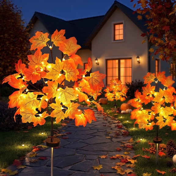 Leyaron Fall Solar Lights Outdoor, 2 Pack 40LED Autumn Solar Lighted Maple Trees Fall Decorations for Outdoor Garden Yard Pathway Autumn Thankgiving Home Decor