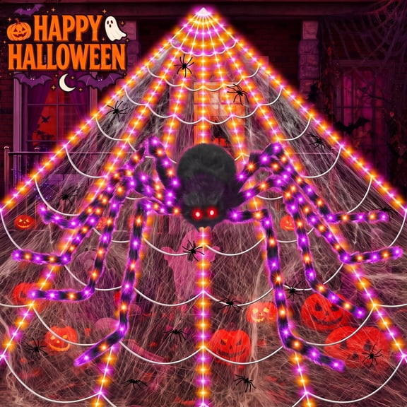 Leyaron Halloween Decorations Outdoor, 350 LED Halloween Spider Web String Lights with 79" Lighted Spider for Outdoor Garden Party Yard Porch Home Decor