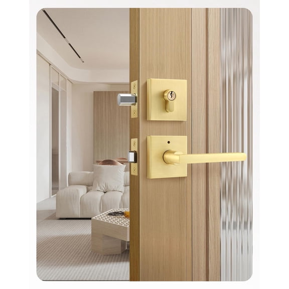 Leydebong 1 Pack Gold Door Handle Set with Single Cylinder Deadbolt, Entry Door Locksets with Deadbolt Modern Contemporary Square Design in Zinc Alloy