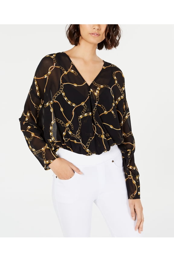 Leopard Print Dolman Sleeve Bodysuit Black Chain S