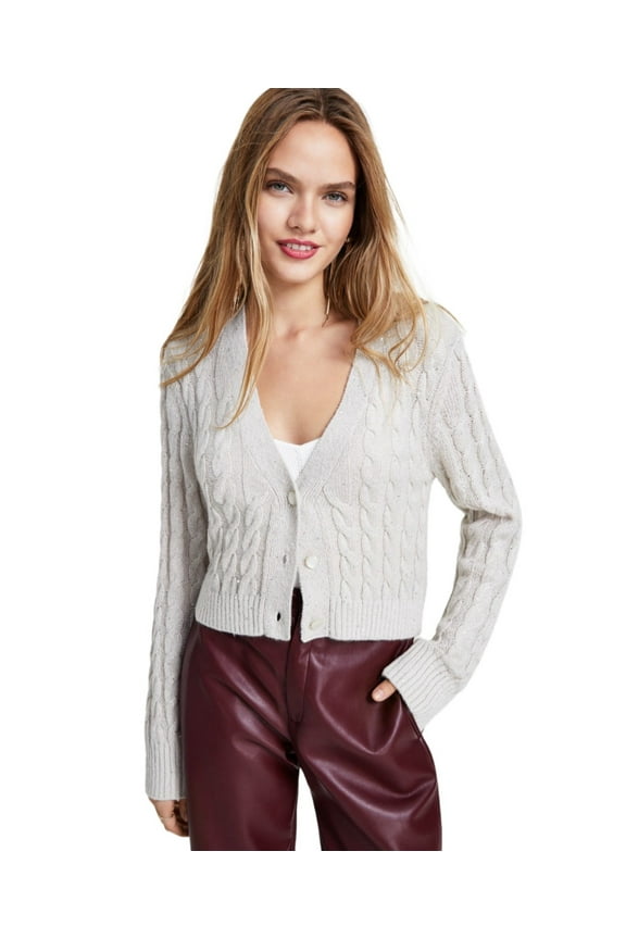 Womens Glitter Cable Knit Button-Front Cardigan, Cream, Large