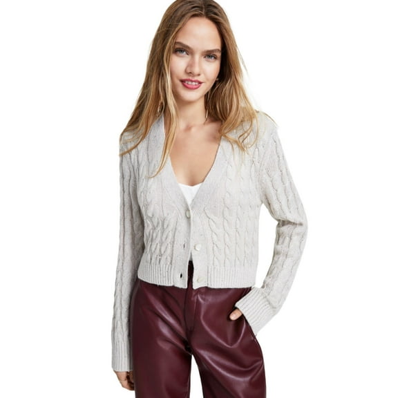 Leyden Womens Glitter Cable Knit Button-Front Cardigan, Cream, Large