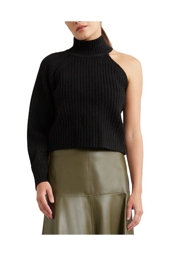 Women's One-Sleeve Turtleneck Sweater Black B4HP (Regular,S)