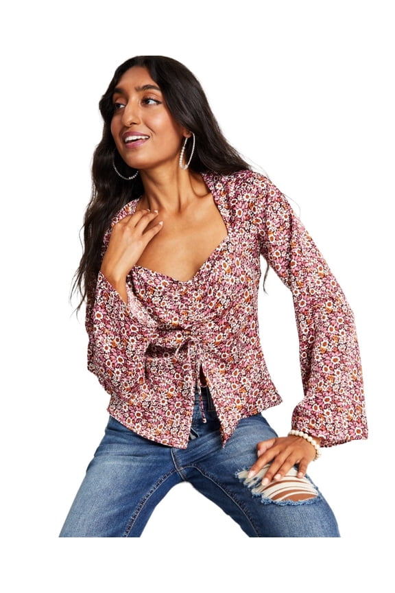 Womens Ruched Floral-Print Peplum Top, Mauve Multi, Small