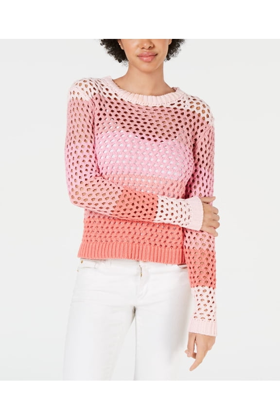 Women's Sweater Crochet Knitted Colorblock Pullover Pink XS