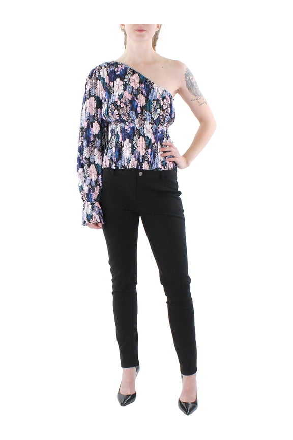 Women's Pleated Asymmetric One-Shoulder Top Navy Floral XL