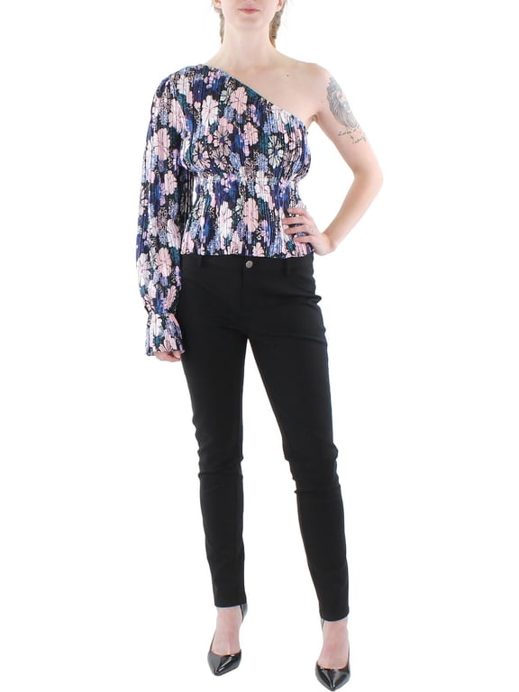 Women's Pleated Asymmetric One-Shoulder Top Navy Floral XL