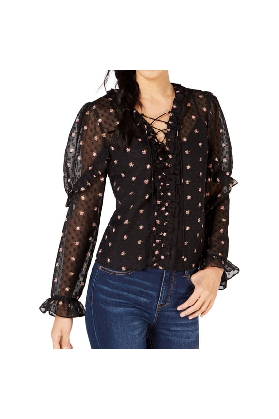 Womens Floral Print Lace-Up Sheer Pullover Blouse, Black, Large