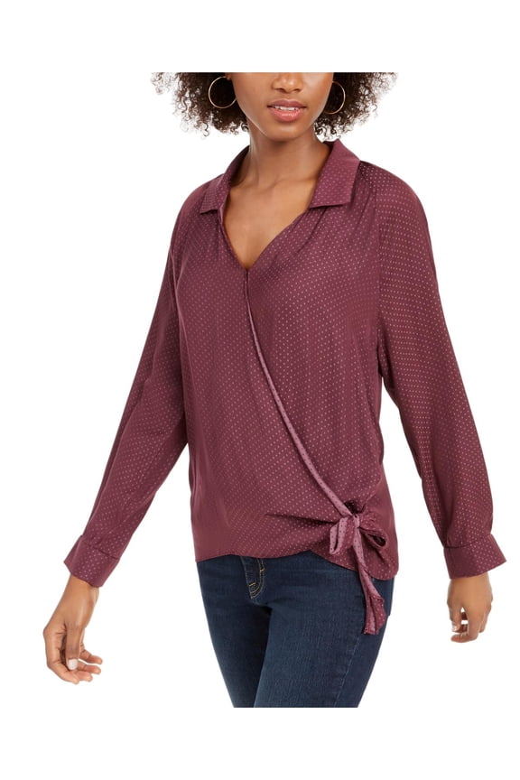 Womens Jacquard Collared Wrap Top Purple XS