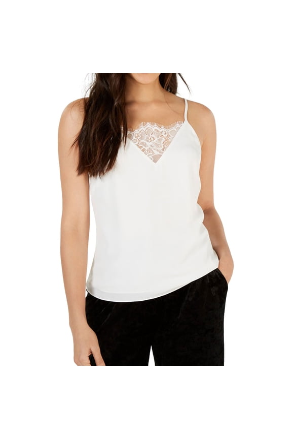 Womens Lace Trim Inset Cami Tank Top, White, Small