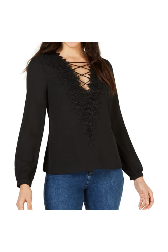 Womens Lace-Trim Pullover Blouse, Black, X-Large